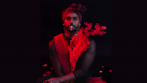 An image washed in red. A person pictured from the waist up looks directly at the camera, wearing a wrapped head scarf. they have a large nose piercing attached by a chain to their ear, and are holding branches of foliage.