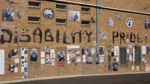 A brown brick wall with the words Disability Pride spelled out across it