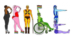 Image description: A colourful image of people of different shapes and sizes, some standing, one seated in a wheelchair, shaping their bodies to spell the word PRIDE