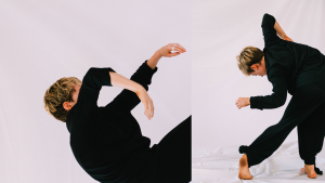 Two images side by side of Ruby dancing. She is wearing long black pants and shirt and has short blonde hair.