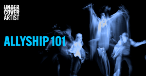 Allyship 101 promotional tile with text and a blurred image of a people dancing