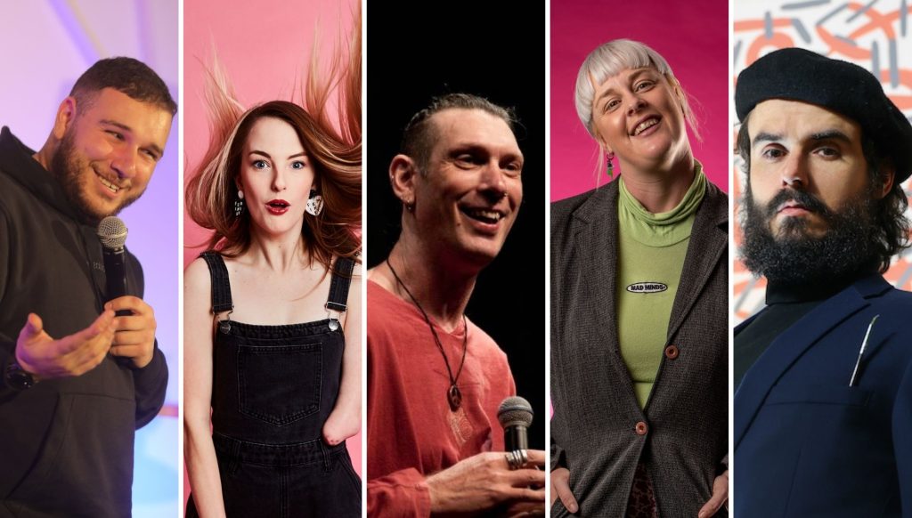 Five different photos of various comedians that are a part of Accessible Arts, Crips and Creeps