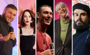 Five different photos of various comedians that are a part of Accessible Arts, Crips and Creeps