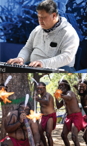 Two images of performers are sliced together. The first photo includes a man playing a piano, the second a face of one of the members of the Deaf Indigenous Deaf Group.