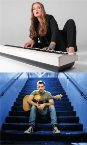 Two images of performers are sliced together. The first photo includes a man sitting on steps with a guitar on his lap. The other has a woman posing with an electric keyboard positioned on the ground.