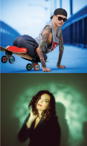 Two different images of performers are sliced together. The first image shows a man posing on a skateboard and the other image is of a woman with long brown hair looking directly at the camera.
