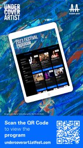 A tablet with the 2023 festival program loaded onto it on a background of the festival hero artwork