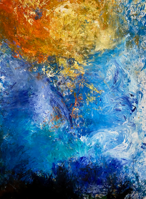 Annika Strand's artwork "My Abstract World". It is acrylic on canvas with swirls of blues, whites and darker blacks at the bottom. At the top is golden.