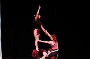 Circus performers create a human pyramid on stage against a black background. One performer balances on top with an arm raised high, while the others support from below, showcasing strength, trust, and teamwork in motion.