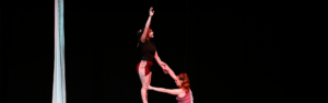 Five circus theatre performers perform an acrobatic tower the height of three people, standing and leaning on one another. One performer at the bottom of the tower uses a wheelchair.