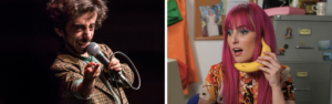 A split image featuring two comedic performers. On the left, a man with expressive gestures holds a microphone and delivers a punchline with playful intensity. On the right, a woman with bright pink hair holds a banana to her ear like a phone, reacting with surprise. Both images convey a quirky, humorous vibe.