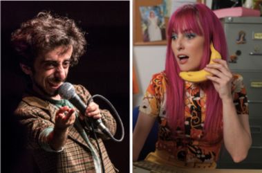 A split image featuring two comedic performers. On the left, a man with expressive gestures holds a microphone and delivers a punchline with playful intensity. On the right, a woman with bright pink hair holds a banana to her ear like a phone, reacting with surprise. Both images convey a quirky, humorous vibe.