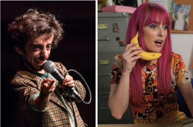 A split image featuring two comedic performers. On the left, a man with expressive gestures holds a microphone and delivers a punchline with playful intensity. On the right, a woman with bright pink hair holds a banana to her ear like a phone, reacting with surprise. Both images convey a quirky, humorous vibe.