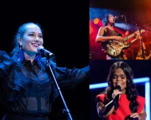 Photos of 3 musicians. Left hand side image is of an individual standing in front of a keyboard, on stage, her arms are spread wide and she is smiling. There is a blue stage downlight on her. Top right image is a male musician playing a guitar on stage, he has red stage lights behind him. Bottom right side is a female singing into a microphone, with her eyes closed. wearing a red dress on a stage.