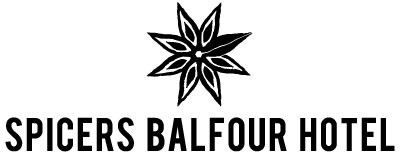 Black and white logo featuring an 8 point start, with the wording ' Spicers Balfour Hotel' underneath it.